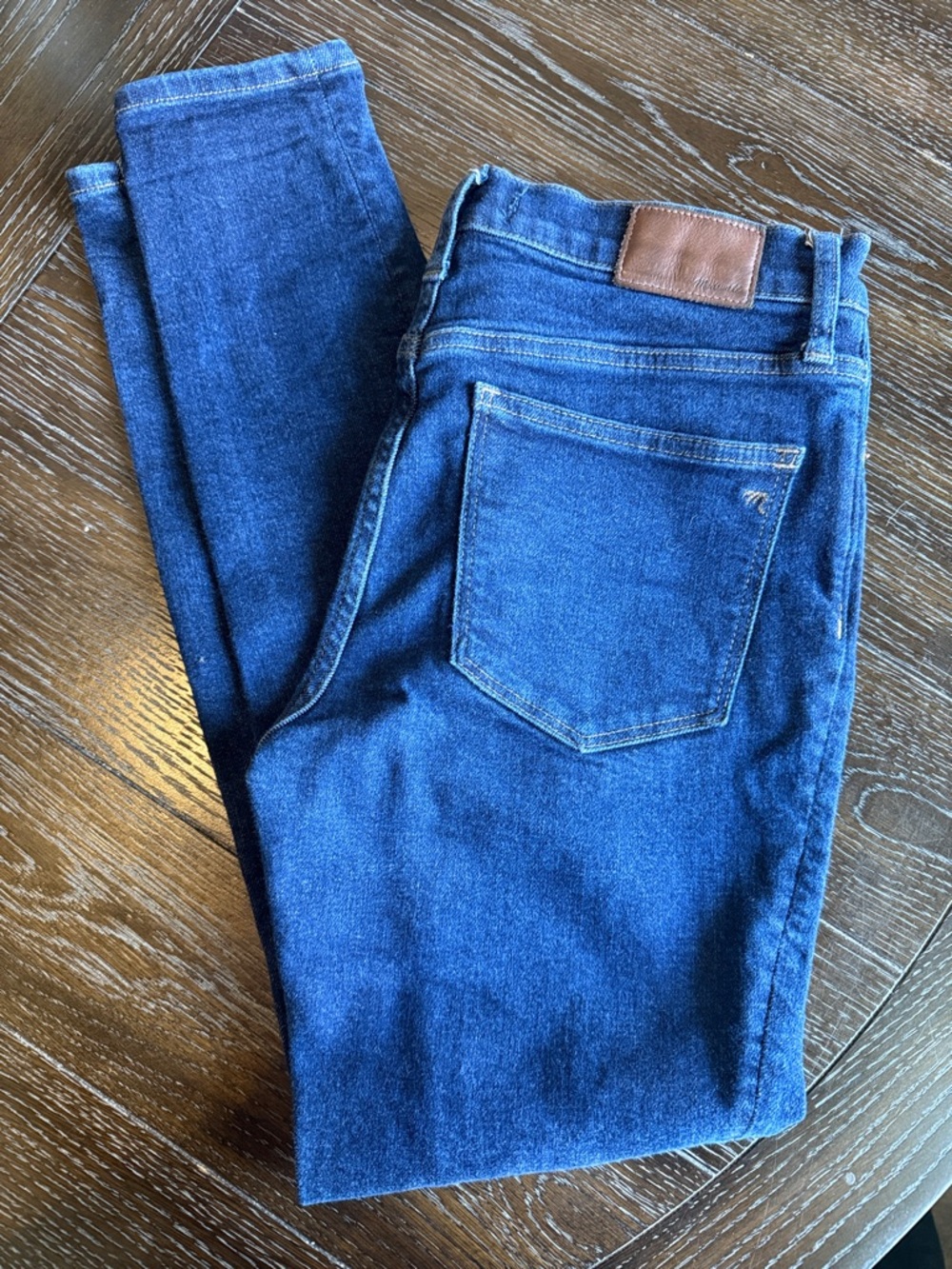 Madewell - Dark Blue Skinny Jeans with Brown Leather Patch